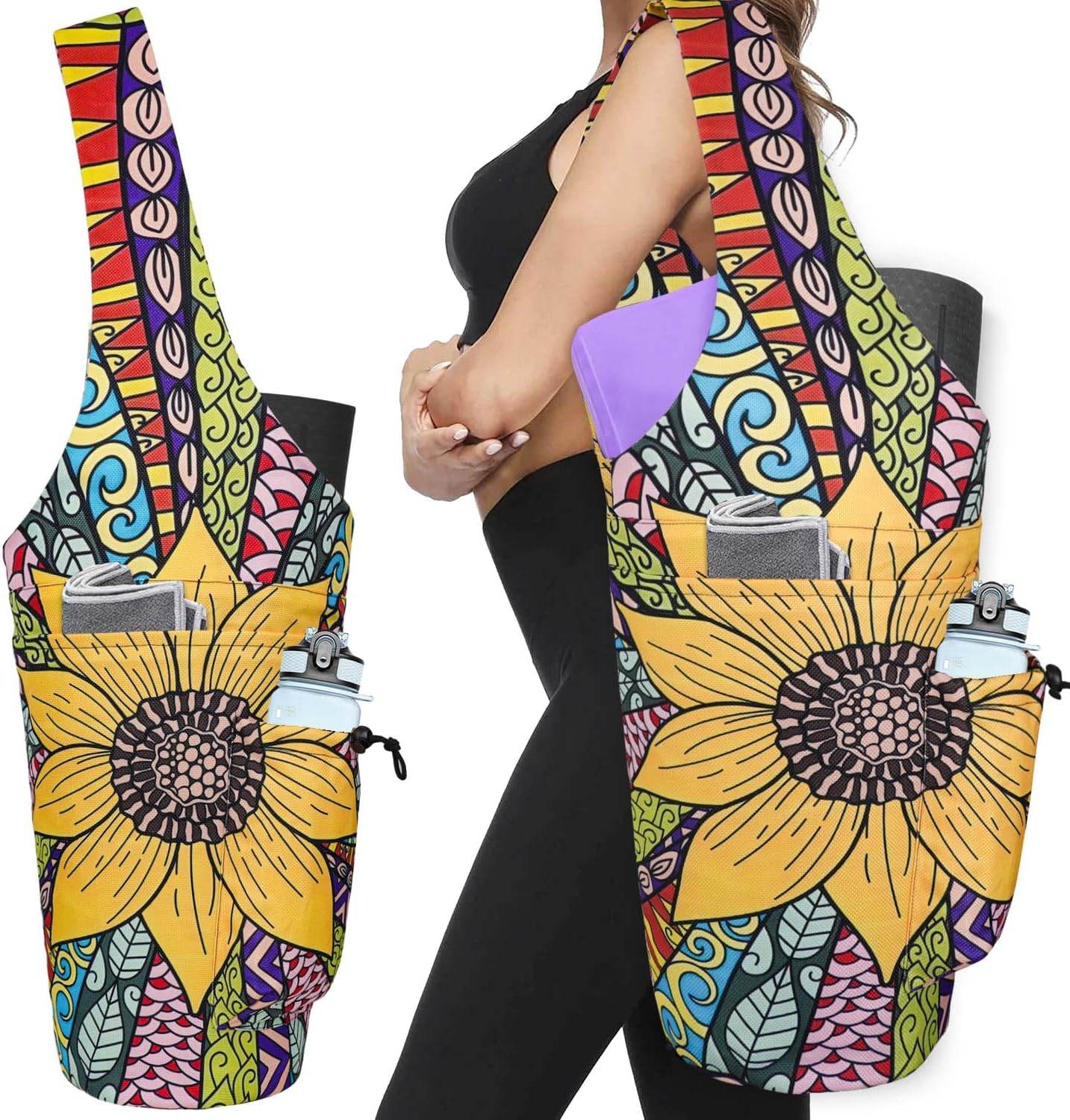 Yoga Mat Bag - Large Opening Long Tote Yoga Mat Carrier Holder Bag with Waterproof Wet Zipper Pocket and Drawstring Water Bottle Pocket - Yoga Bag Fit Most Size Mats - zenfulharmony.com