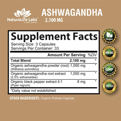 Organic Ashwagandha 2,100 mg - 100 Veggie Capsules Pure Organic Ashwagandha Powder and Root Extract - Stress Relief, Mood Enhancer - zenfulharmony.com