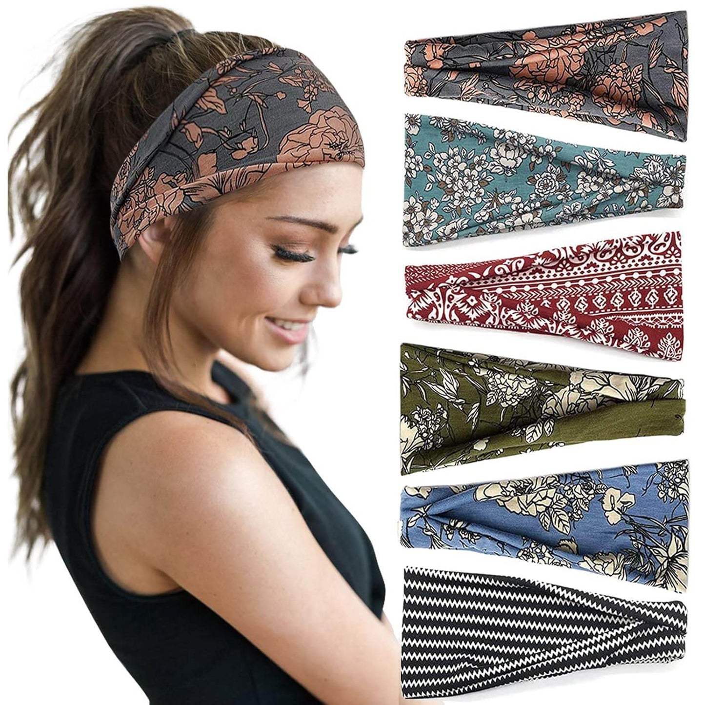 Huachi Women's Headbands for Yoga, Workout, Exercise - 6Pcs Elastic Hair Bands for Women's Hair - Tie Dye Bandeau Headband Sweatbands - Comfy Material - Upgraded Design - One Size - Black - zenfulharmony.com