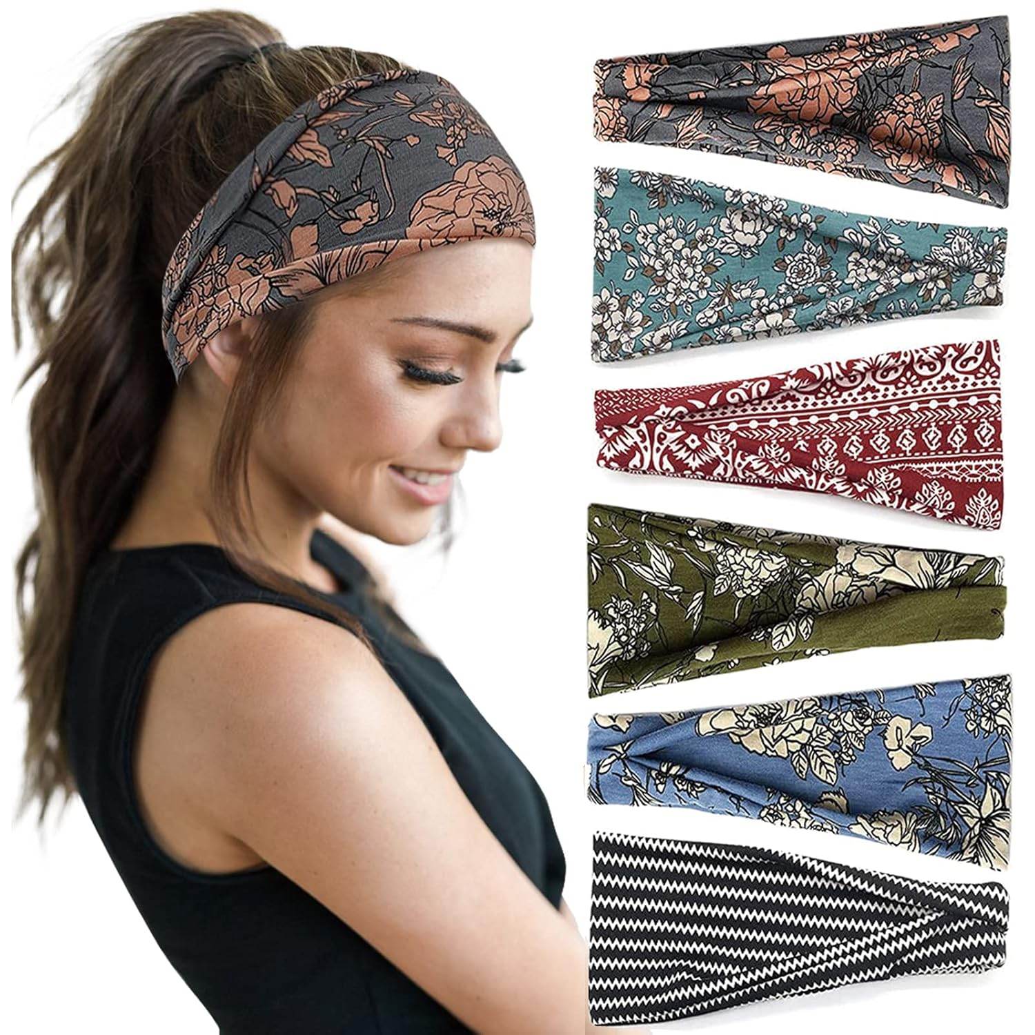 Huachi Women's Headbands for Yoga, Workout, Exercise - 6Pcs Elastic Hair Bands for Women's Hair - Tie Dye Bandeau Headband Sweatbands - Comfy Material - Upgraded Design - One Size - Black - zenfulharmony.com