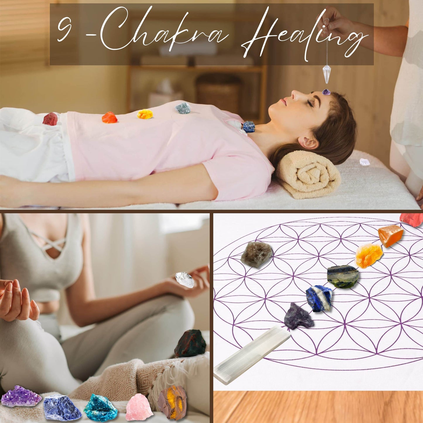 42 PCS Premium Crystals and Healing Stones Set for 9 Chakra: 19 Raw Crystals (Selenite Stick), 1 Angel, 1 Worry Stone, 1 Bracelet, 1 Grid Cloth, 1 Dowser, 9 Poster, 7 Bookmark, 1 Guide, 1 Glue Roll - zenfulharmony.com