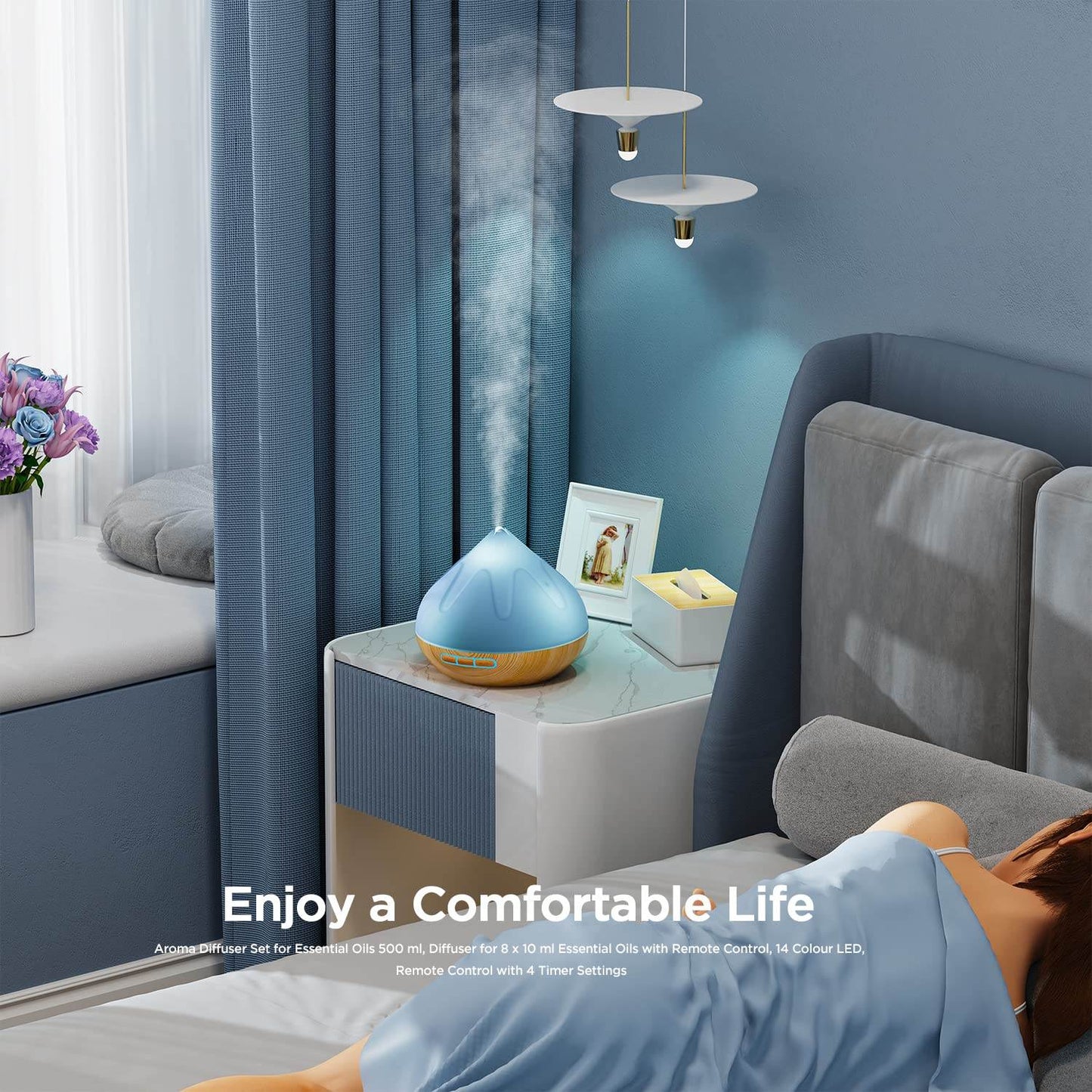 Aroma Diffiser with Essential Oils Set, 500 ML Essential Oil Diffuser with Remote Control, Humidifier with 14 Color Lights for Large Room, 4 Timer Setting, Auto Shut-Off - zenfulharmony.com