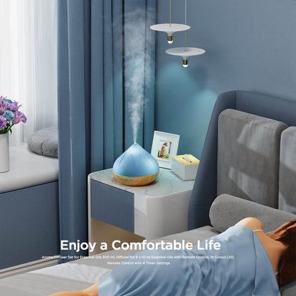 Aroma Diffiser with Essential Oils Set, 500 ML Essential Oil Diffuser with Remote Control, Humidifier with 14 Color Lights for Large Room, 4 Timer Setting, Auto Shut-Off - zenfulharmony.com