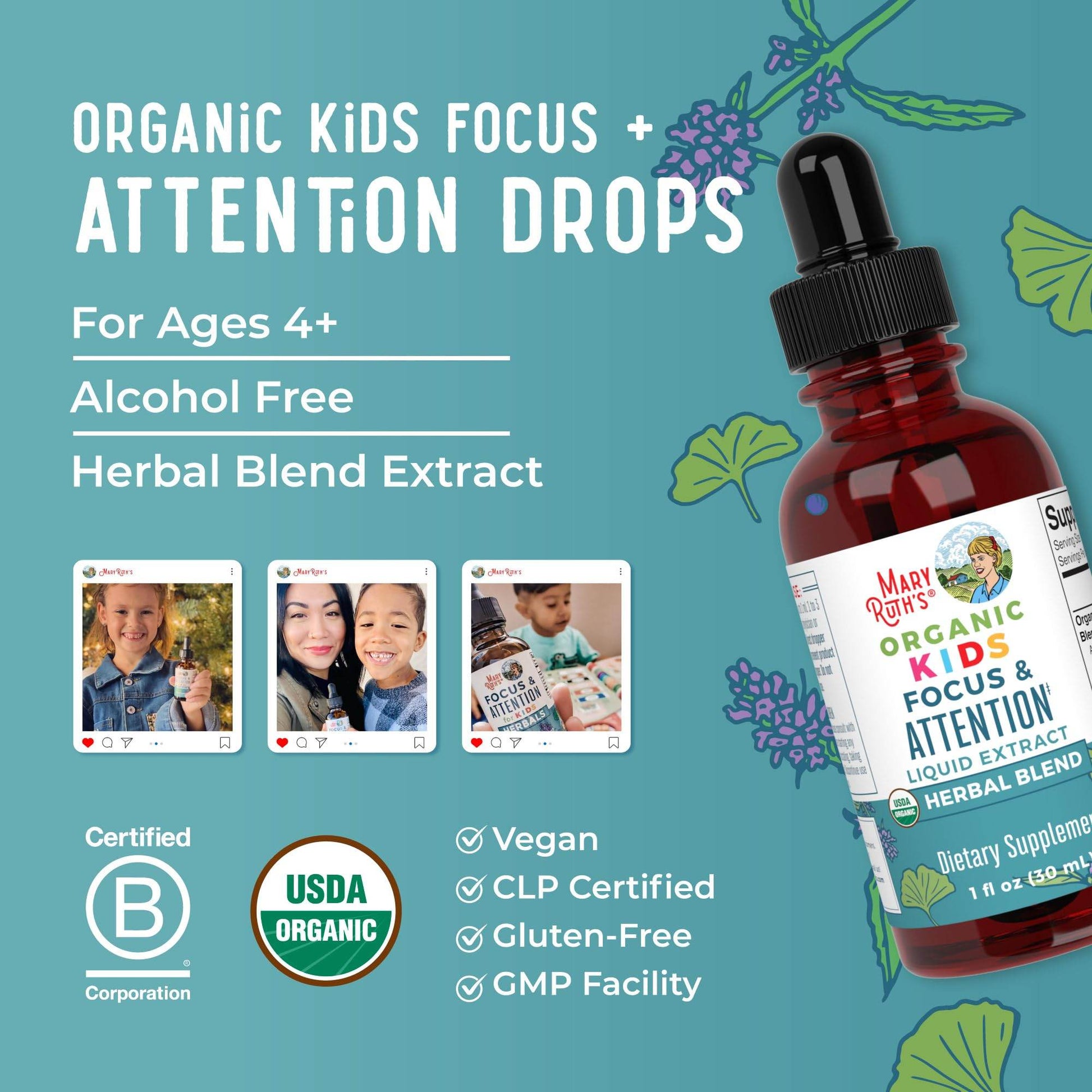 MaryRuth Organics Kids Brain Supplements for Memory and Focus, USDA Organic Drops with Ginkgo Biloba, Rhodiola Root & Licorice Root, Focus & Attention, Calm, Vegan, Non-GMO, Gluten Free, 30 Servings - zenfulharmony.com
