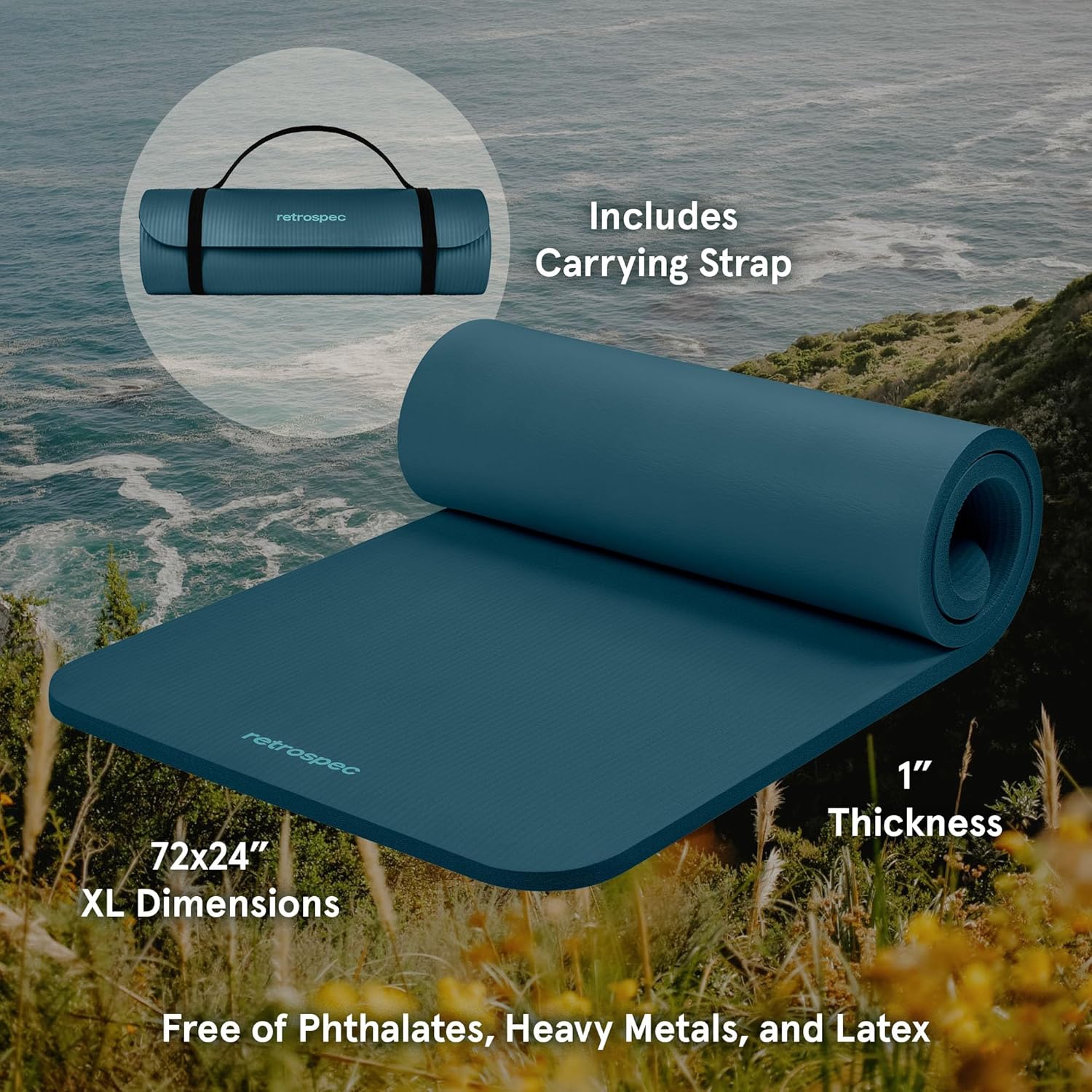 Retrospec Solana Yoga Mat 1" Thick With Nylon Carry Strap for Men & Women - Non Slip Exercise Mat for Home Yoga, Pilates, Stretching, Floor & Fitness Workouts - zenfulharmony.com