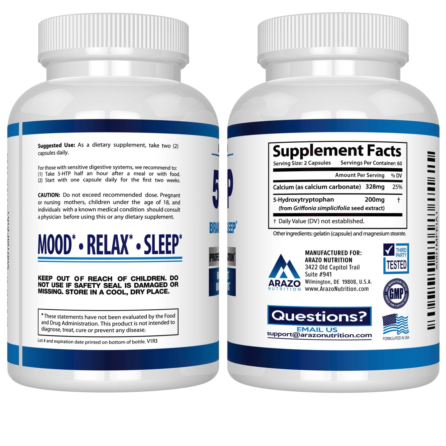 Arazo Nutrition 5-HTP 200 MG Plus Calcium for Mood, Sleep – Supports Calm and Relaxed Mood – 99% High Purity – 120 Capsules - zenfulharmony.com