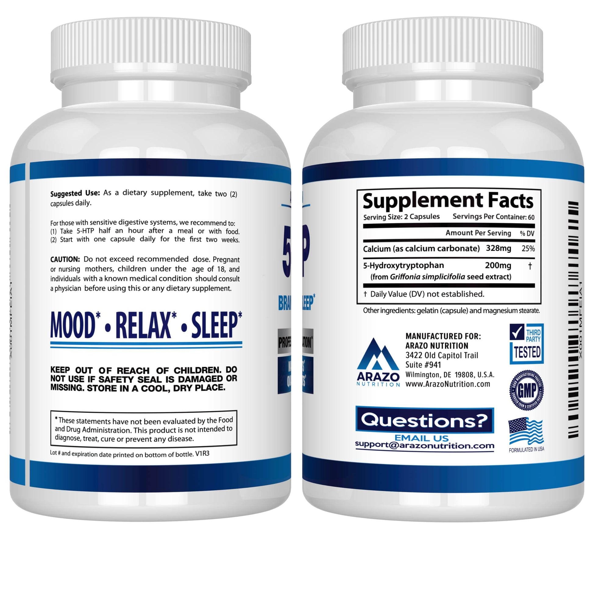 Arazo Nutrition 5-HTP 200 MG Plus Calcium for Mood, Sleep – Supports Calm and Relaxed Mood – 99% High Purity – 120 Capsules - zenfulharmony.com