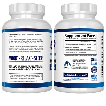 Arazo Nutrition 5-HTP 200 MG Plus Calcium for Mood, Sleep – Supports Calm and Relaxed Mood – 99% High Purity – 120 Capsules - zenfulharmony.com