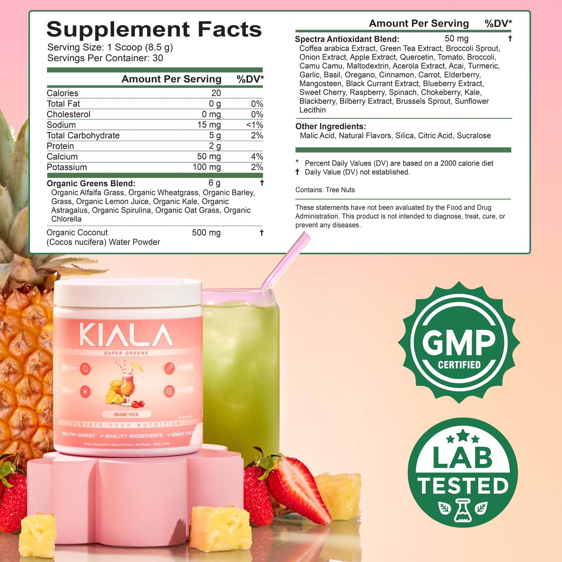 Kiala Nutrition Super Greens, Organic Greens Powder with Spirulina & Chlorella for Digestion, Gut Health, Immunity & Energy, Gluten Free, Vegan, Daily Support for Women, Miami Vice Flavor, 30 Servings - zenfulharmony.com
