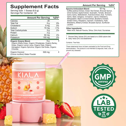 Kiala Nutrition Super Greens, Organic Greens Powder with Spirulina & Chlorella for Digestion, Gut Health, Immunity & Energy, Gluten Free, Vegan, Daily Support for Women, Miami Vice Flavor, 30 Servings - zenfulharmony.com