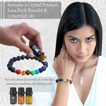Crystals and Healing Stones Set 31Pcs - Healing Crystals & Stones - 14 Real Raw Chakra Rocks, 7 Gemstones Bottles, 3 Essential Oils,Pendant Necklace, Pendulum Board, Amethyst Cluster, Bracelet & Guide - zenfulharmony.com