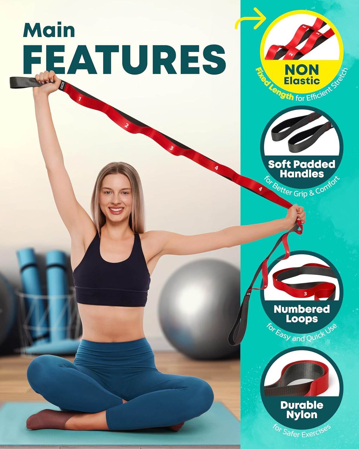 Stretching Strap with Loops - Non Elastic Stretch Band for Physical Therapy, Yoga Strap for Stretching Equipment, Stretch Bands for Exercise and Flexibility - Fascia, Hamstring & Leg Stretcher Belt - zenfulharmony.com