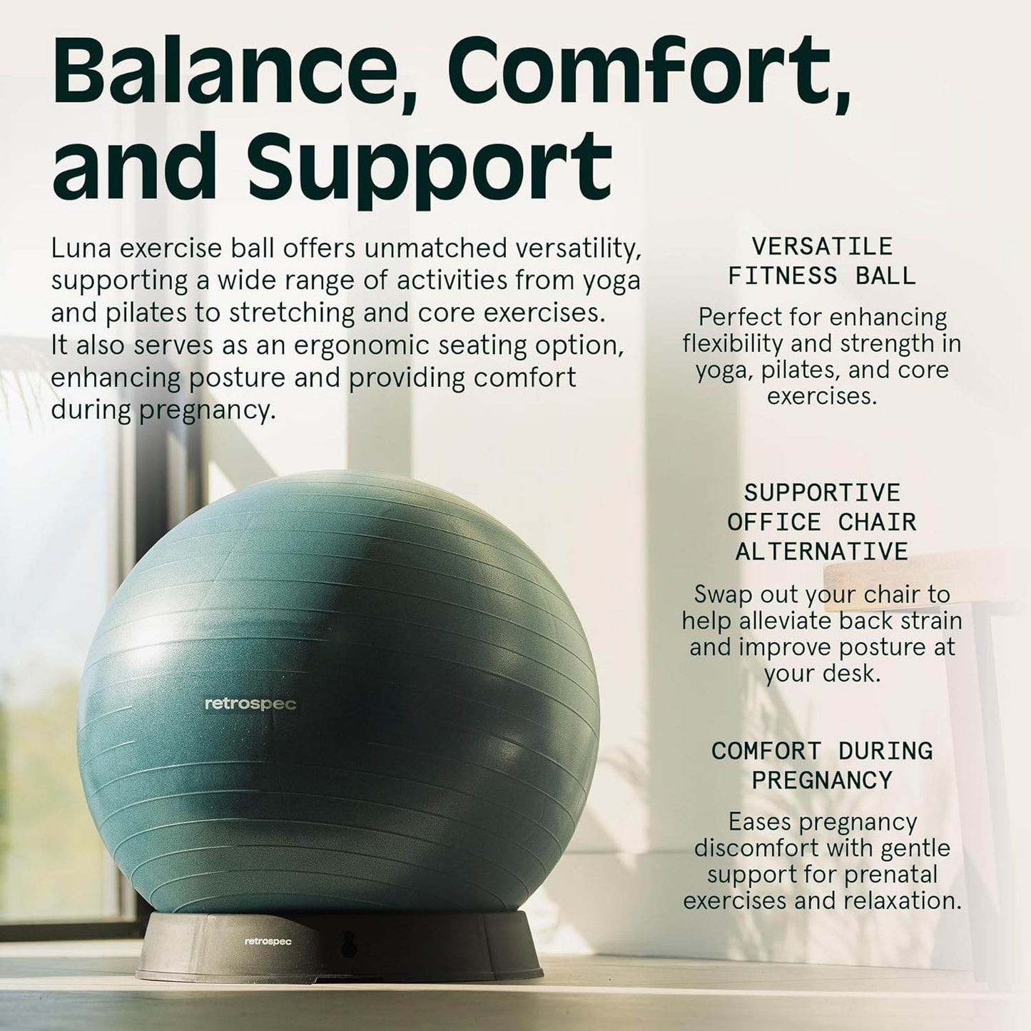 Retrospec Luna Exercise Ball, Base & Pump/Ball & Pump with Anti-Burst Material - Fitness Gym Swiss Ball - Perfect for Balance, Stability, Yoga, Pilates, Pregnancy & Birthing - zenfulharmony.com