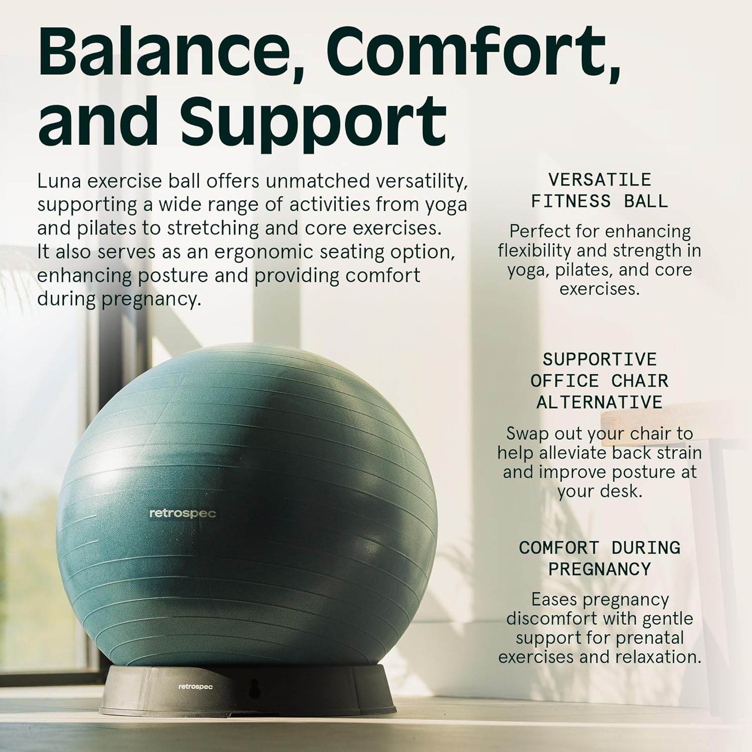Retrospec Luna Exercise Ball, Base & Pump/Ball & Pump with Anti-Burst Material - Fitness Gym Swiss Ball - Perfect for Balance, Stability, Yoga, Pilates, Pregnancy & Birthing - zenfulharmony.com