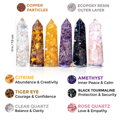 Healing Crystal Wand Set of 6 Orgonite – Includes 3” Amethyst Crystal, Tigers Eye, Rose Quartz, Black Tourmaline Stone, Citrine and Clear Quartz Orgone Crystal Plus Black Tourmaline Necklace - zenfulharmony.com