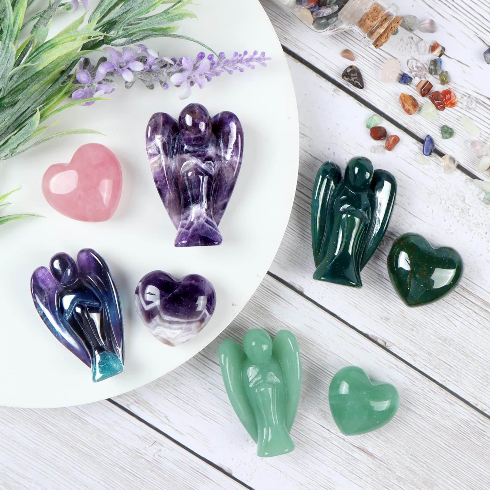 Artistone Rainbow Fluorite Crystal Guardian Angel Statue Amethyst Heart Stone Healing Chakra Set Hand Carved Gemstone Pocket Worry Stones Figurines Healing Reiki Meditation - zenfulharmony.com