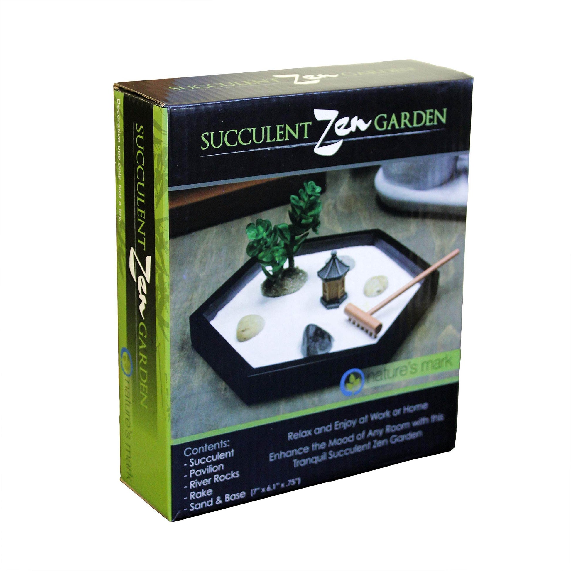 Nature's Mark Mini Zen Garden Kit for Desk with Rake, White Sand, Miniature Pagoda Figure, Black Hexagon Base, River Rocks, Miniature Succulent - zenfulharmony.com