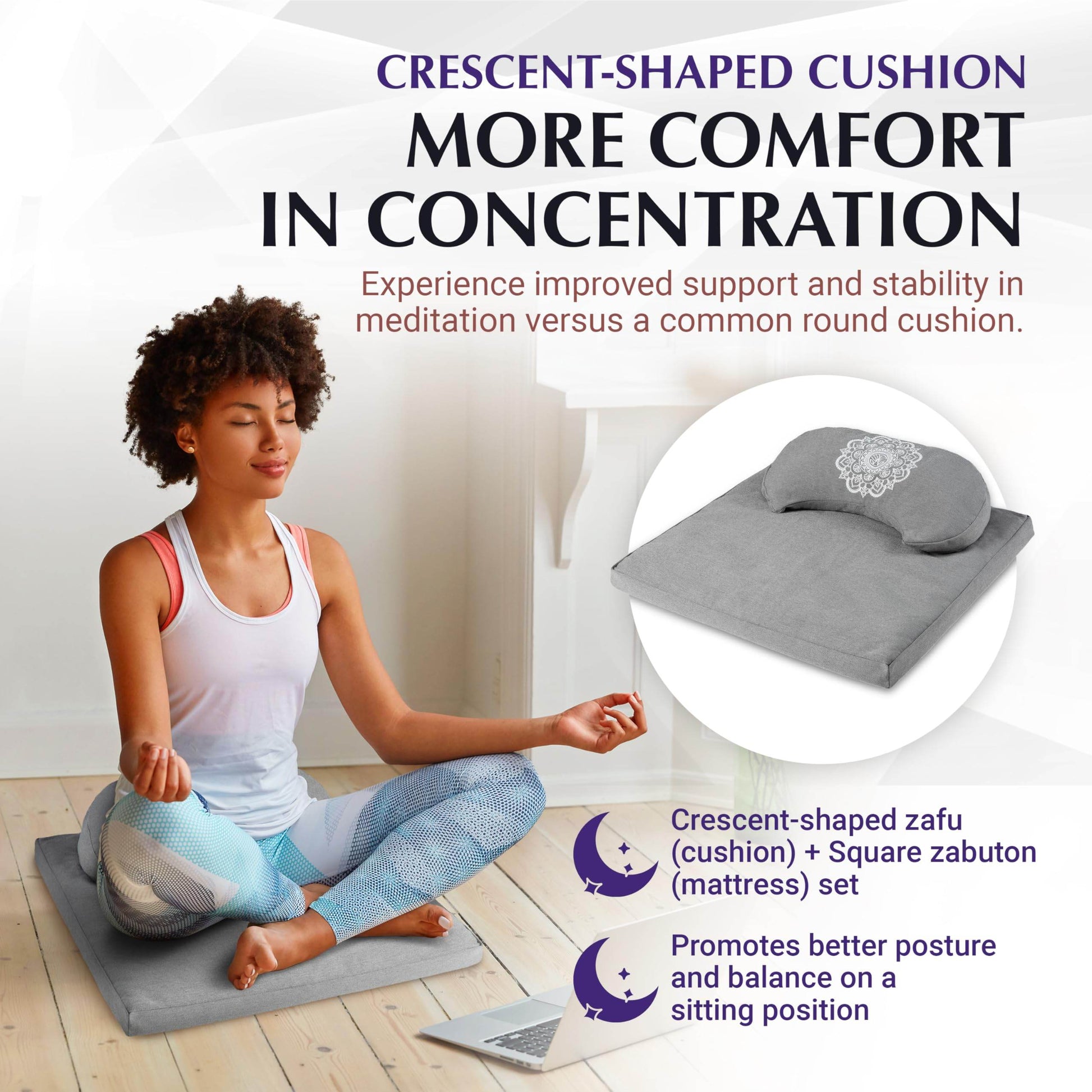 Almeara Meditation Cushion Set - Crescent Cushion & Large Square Floor Pillow | Buckwheat Bolster for Back Support | Waterproof Bottom for Outdoors - Incl. Large Bag & Gift Ready Box - 24in x 24in - zenfulharmony.com