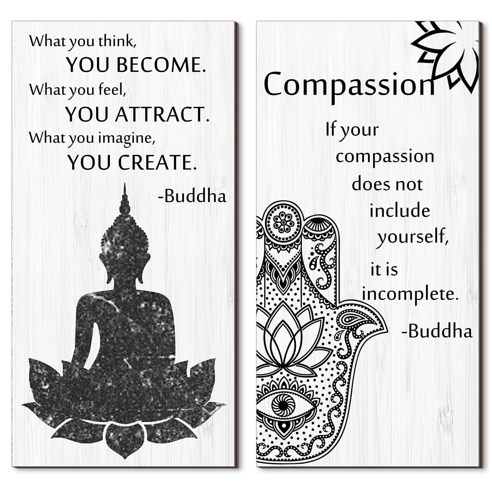 Buddha Quotes 2 Pieces Inspirational Quote Wall Decor Zen Meditation Wooden Hanging, Meditation Buddha [Wall] [Art]s for Home Living Room Yoga [Decor]s (Compassion) - zenfulharmony.com