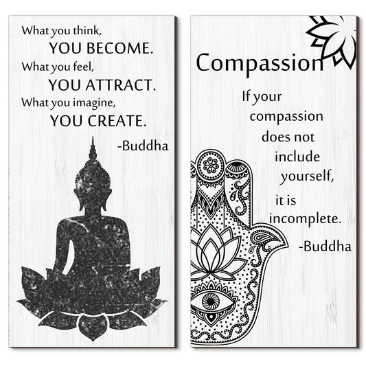 Buddha Quotes 2 Pieces Inspirational Quote Wall Decor Zen Meditation Wooden Hanging, Meditation Buddha [Wall] [Art]s for Home Living Room Yoga [Decor]s (Compassion) - zenfulharmony.com