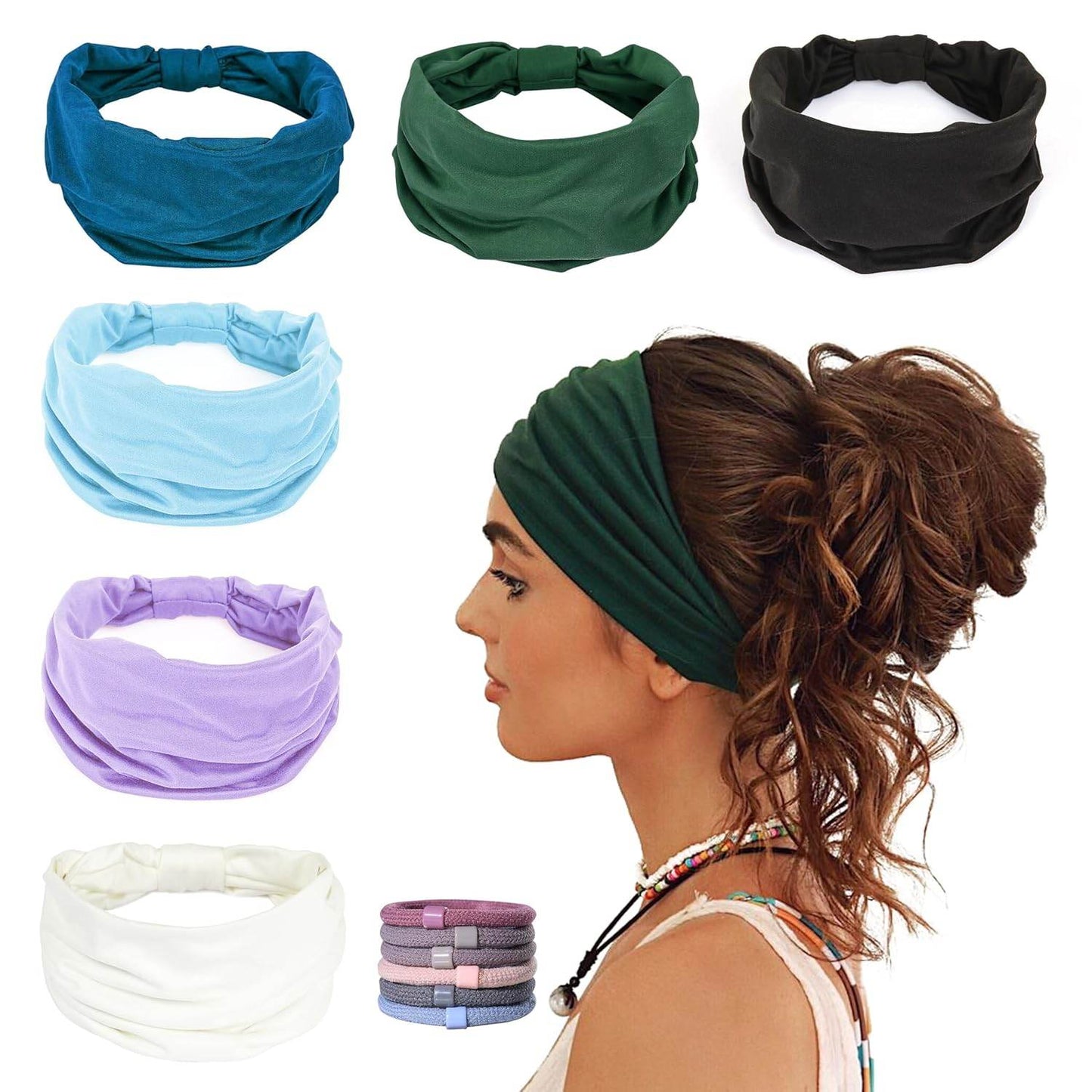 GILI 6 Pack Wide Headbands for Women Non Slip Soft Elastic Hair Bands Yoga Running Sports Workout Gym Head Wraps, Knotted Cotton Cloth African Turbans Bandana (with 6 Pcs Hair Ties) - zenfulharmony.com