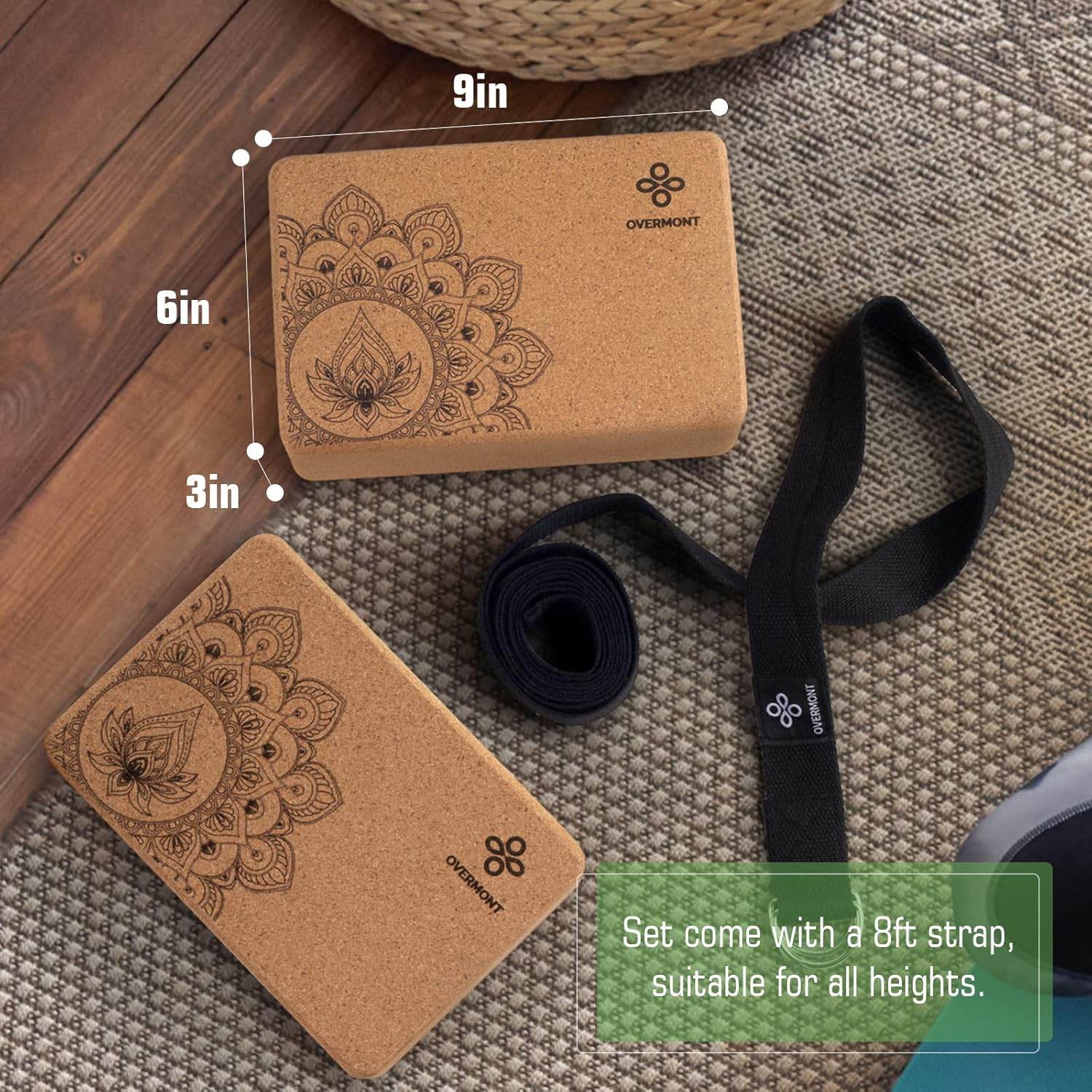 Overmont Cork Yoga Blocks 2 pack with 8ft Strap Set Natural Cork Yoga Bricks- High Density & Eco Friendly Yoga Accessories for Women - Ideal for Yoga Pilates General Fitness and Stretching 9x6x3'' - zenfulharmony.com