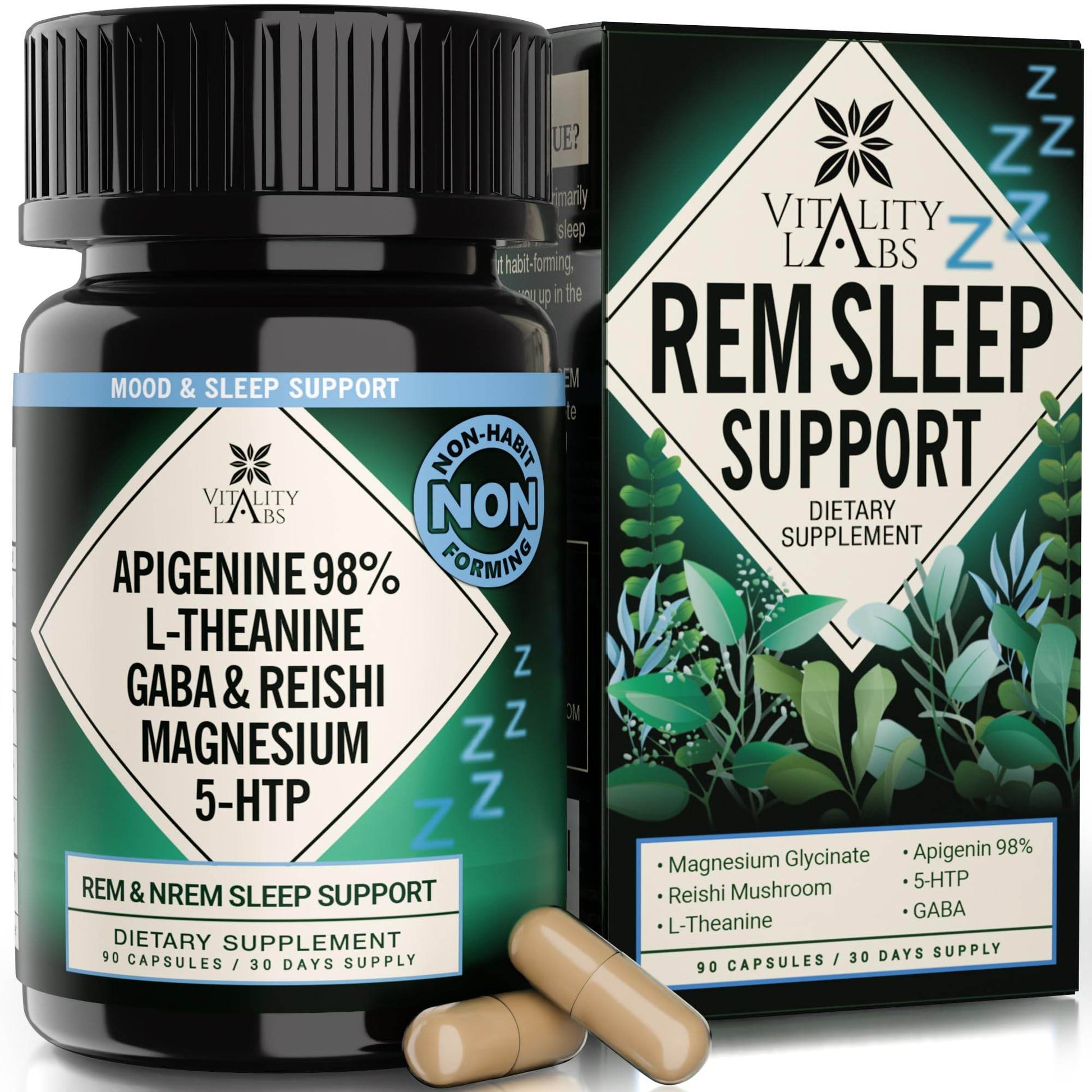 Vitality Labs Natural Sleep Aid Supplement for Adults Without Melatonin - Non-Habit Forming Herbal Sleep - GABA, L-Theanine, Reishi Mushroom, Apigenin, Magnesium Glycinate, 5-HTP - 90 Vegan Capsules - zenfulharmony.com