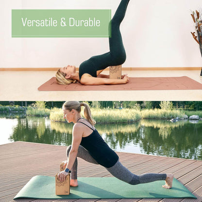 Overmont Cork Yoga Blocks 2 pack with 8ft Strap Set Natural Cork Yoga Bricks- High Density & Eco Friendly Yoga Accessories for Women - Ideal for Yoga Pilates General Fitness and Stretching 9x6x3'' - zenfulharmony.com