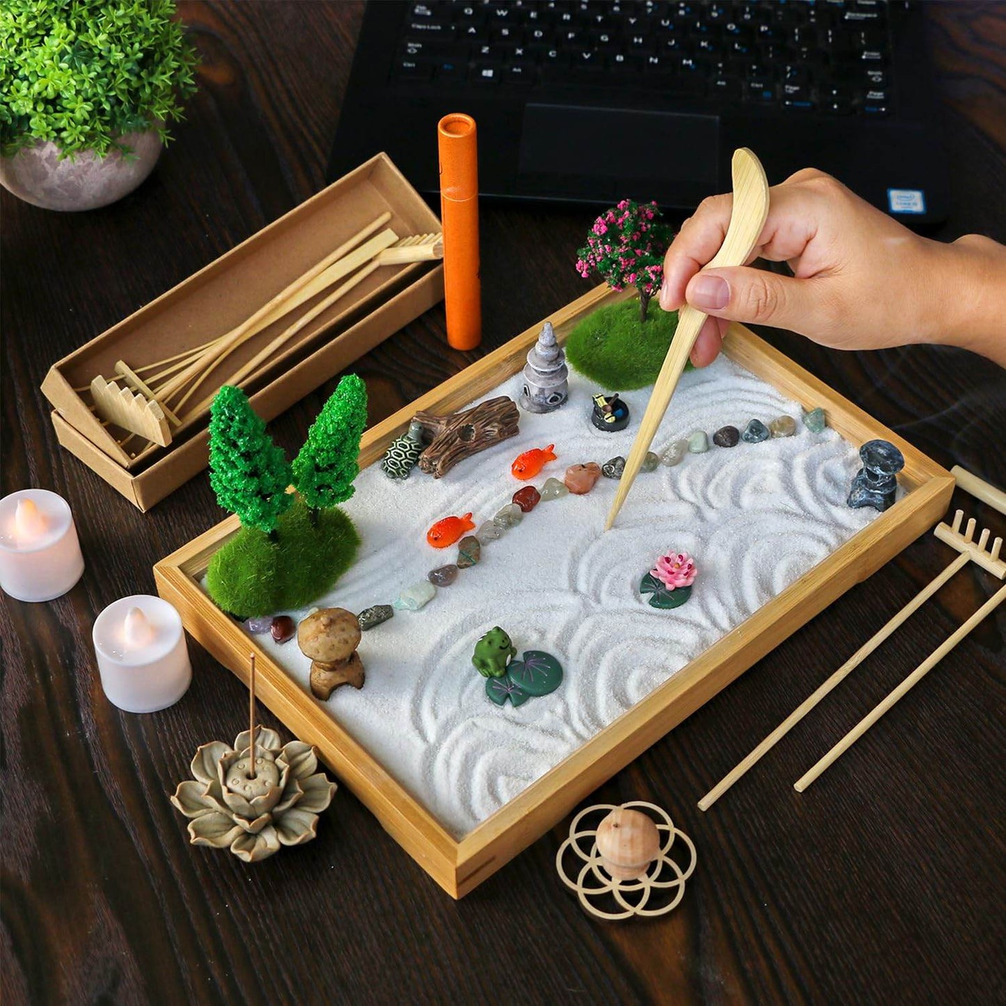 Desk Zen Garden Kit - 11x7.5in Mini Rock Garden Zen Gift Set for Home Office Desk Japanese Decor, Zen Sand Garden, 7 Tools, 21 Accessories.Bamboo Sand Tray Therapy Desktop Meditation Room Gifts - zenfulharmony.com