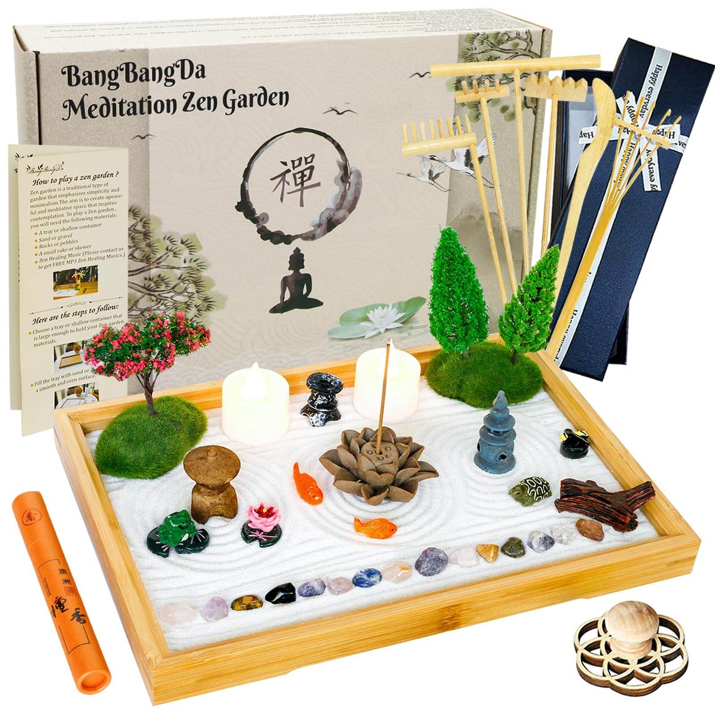 Desk Zen Garden Kit - 11x7.5in Mini Rock Garden Zen Gift Set for Home Office Desk Japanese Decor, Zen Sand Garden, 7 Tools, 21 Accessories.Bamboo Sand Tray Therapy Desktop Meditation Room Gifts - zenfulharmony.com