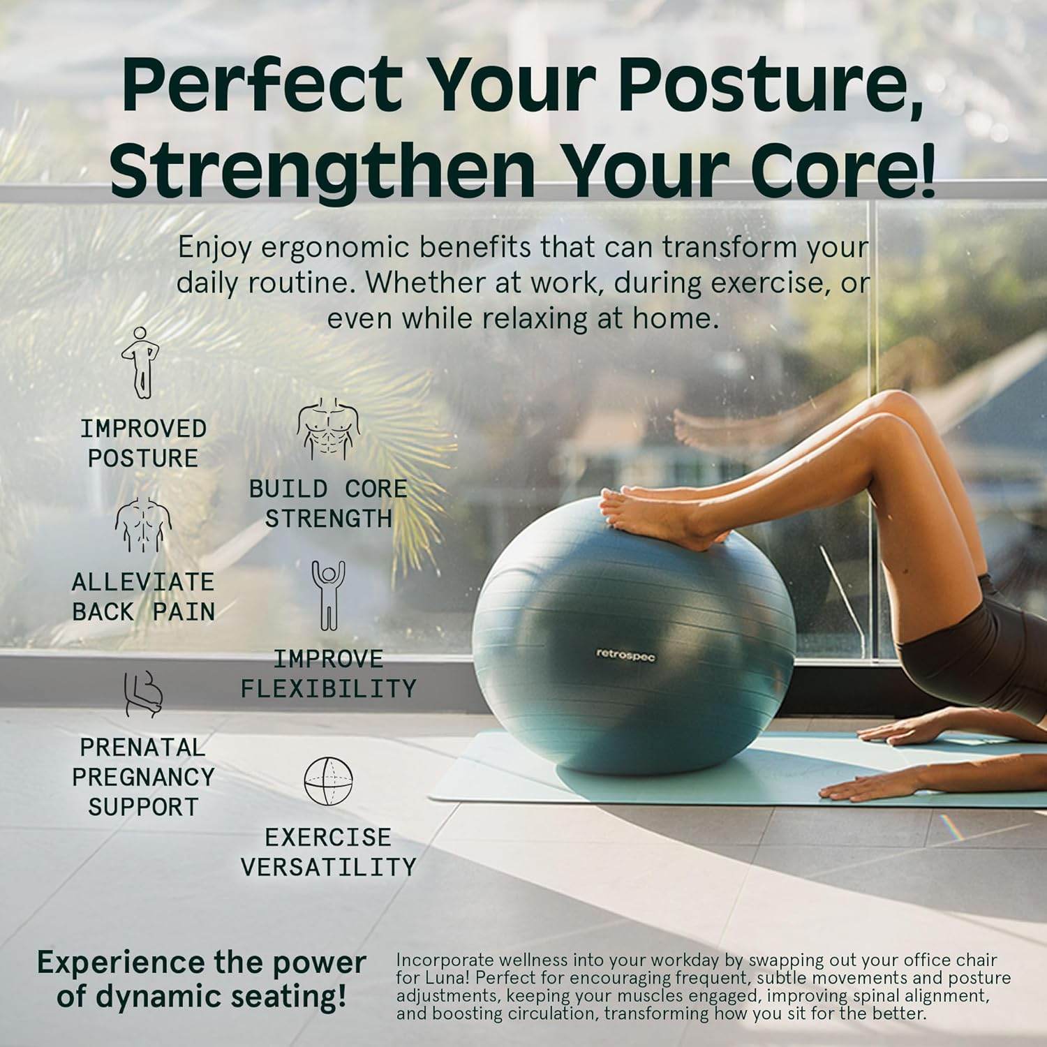Retrospec Luna Exercise Ball, Base & Pump/Ball & Pump with Anti-Burst Material - Fitness Gym Swiss Ball - Perfect for Balance, Stability, Yoga, Pilates, Pregnancy & Birthing - zenfulharmony.com