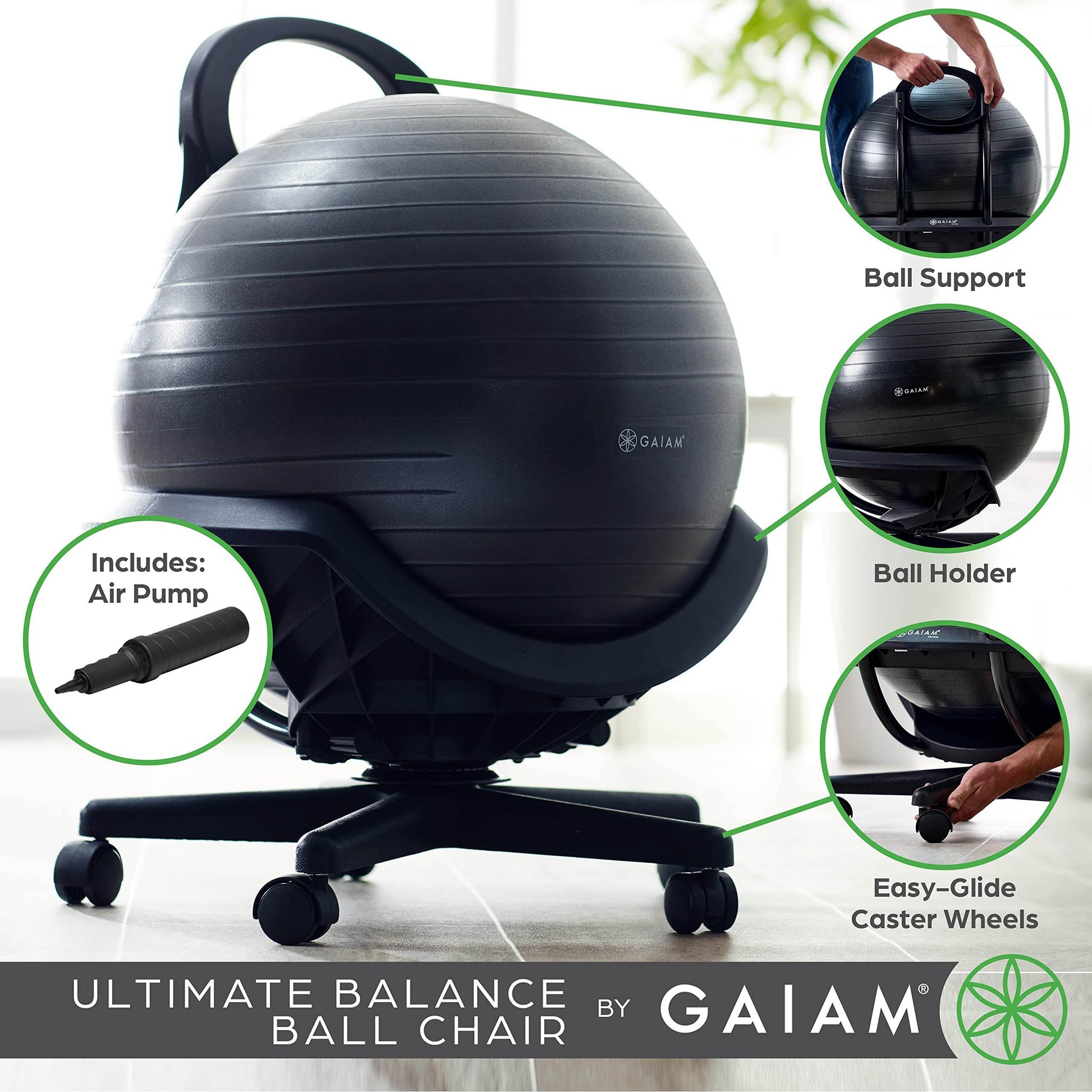Gaiam Ultimate Balance Ball Chair - Premium Exercise Stability Yoga Ball Ergonomic Chair for Home and Office Desk with Reinforced Base, Air Pump, Exercise Guide, Black - zenfulharmony.com