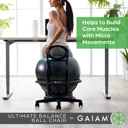 Gaiam Ultimate Balance Ball Chair - Premium Exercise Stability Yoga Ball Ergonomic Chair for Home and Office Desk with Reinforced Base, Air Pump, Exercise Guide, Black - zenfulharmony.com