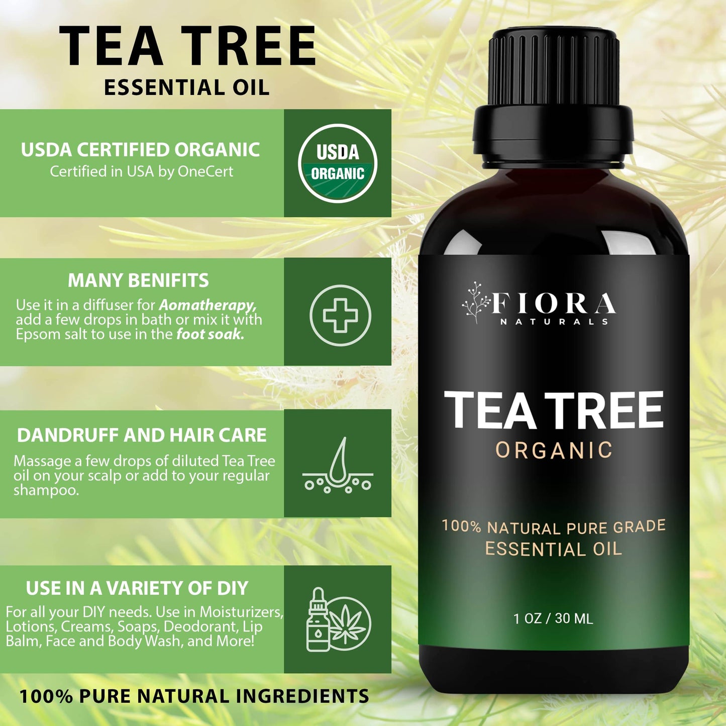 Tea Tree Essential Oil by Fiora Naturals- 100% Pure Organic Oil, for Face, Hair, Skin, Acne, Scalp, Foot and Toenails. Melaleuca Alternifolia, 1 oz /30ml - zenfulharmony.com