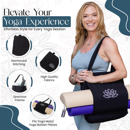 Hygge Beaute Black Yoga Bag for Women with Yoga Mat Carrier Bag for Small Sized Mats (17"x13.75"x5")-Canvas Shoulder Handbag Nurse Women Tote Bag for Workout, Travel, Beach, Yoga and Gym - zenfulharmony.com