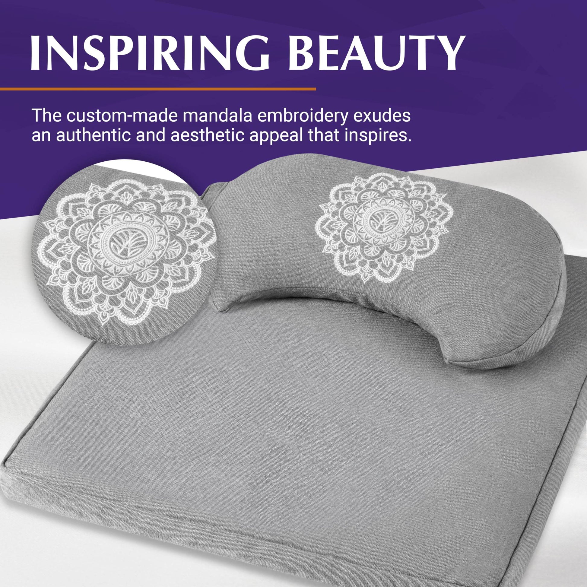 Almeara Meditation Cushion Set - Crescent Cushion & Large Square Floor Pillow | Buckwheat Bolster for Back Support | Waterproof Bottom for Outdoors - Incl. Large Bag & Gift Ready Box - 24in x 24in - zenfulharmony.com