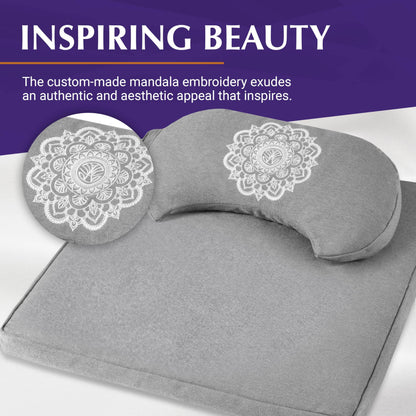 Almeara Meditation Cushion Set - Crescent Cushion & Large Square Floor Pillow | Buckwheat Bolster for Back Support | Waterproof Bottom for Outdoors - Incl. Large Bag & Gift Ready Box - 24in x 24in - zenfulharmony.com