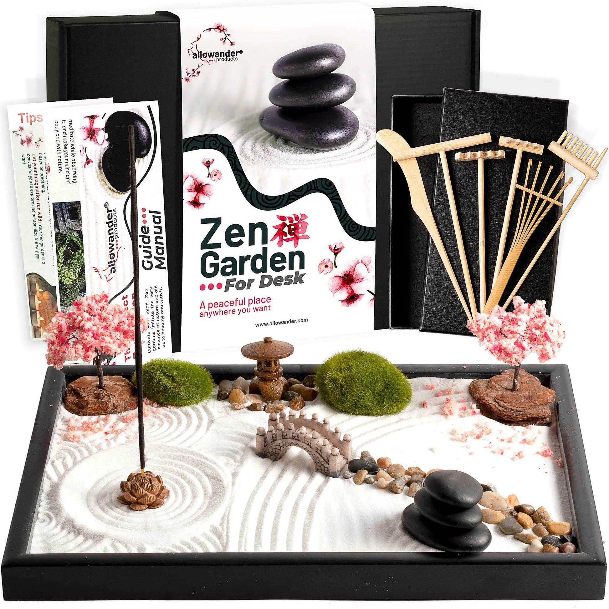 Zen Garden Kit for Desk 12x8in Sand Tray, Japanese Gift Set 14 Accessories and 6 Tools, Meditation Mini Zen Garden for Desk, Zen Sand Garden, Home Office Desk Decorations, Sand Therapy Kit, Rock Decor - zenfulharmony.com
