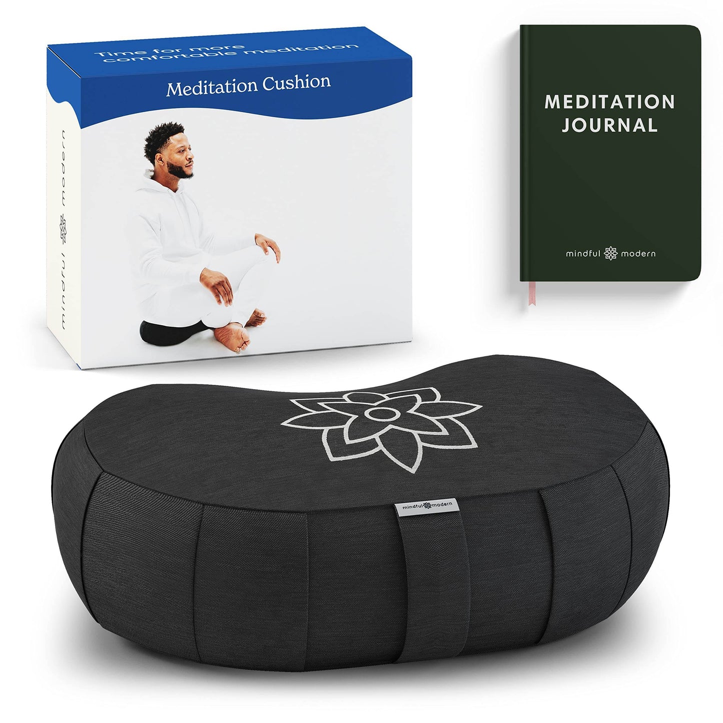 Mindful & Modern Large Meditation Cushion | Zafu Yoga Bolster Meditation Floor Pillow Seat | Buckwheat Hull Filled Crescent Shaped Cushion with Removable Washable Cover + Carry Handle (Minimal Black) - zenfulharmony.com