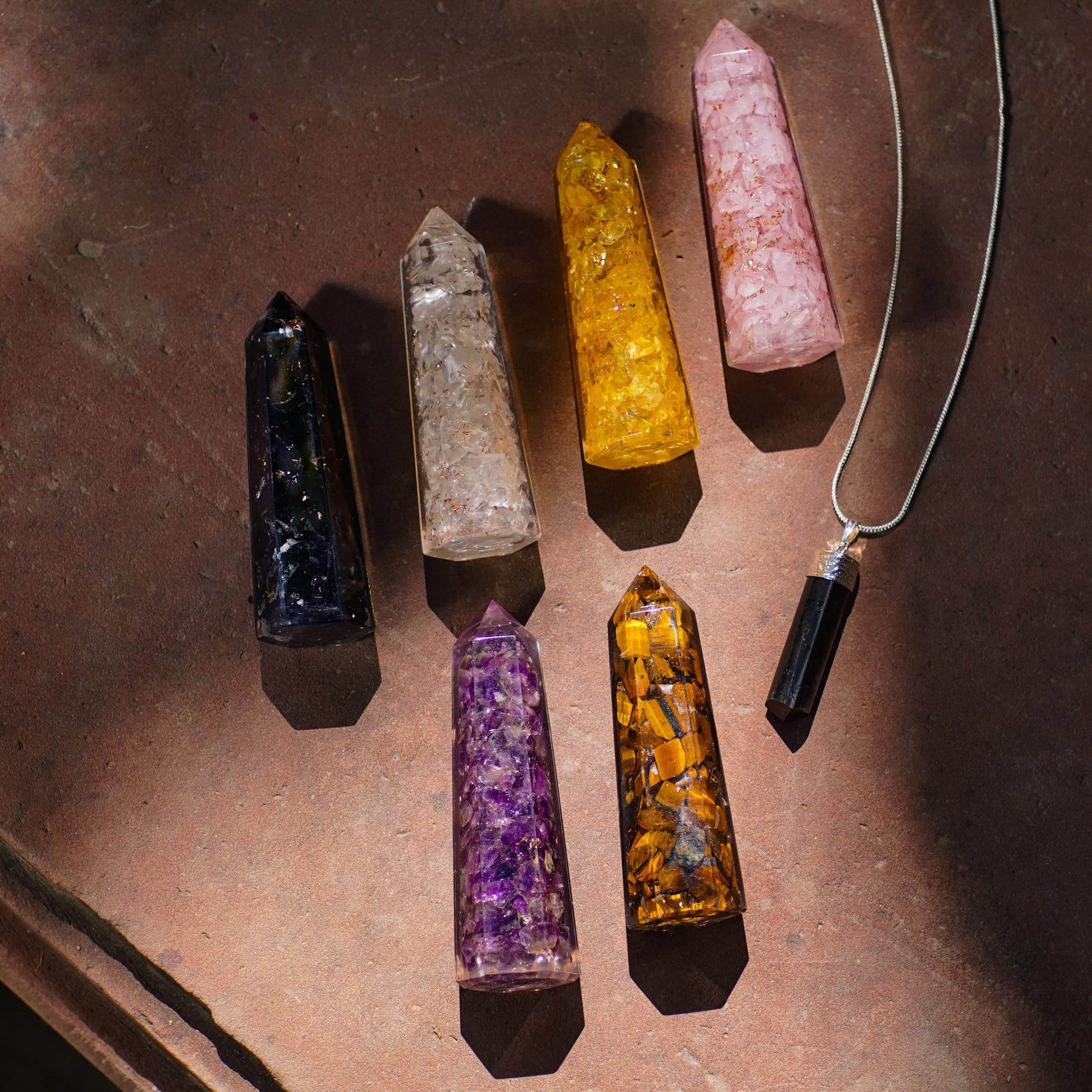 Healing Crystal Wand Set of 6 Orgonite – Includes 3” Amethyst Crystal, Tigers Eye, Rose Quartz, Black Tourmaline Stone, Citrine and Clear Quartz Orgone Crystal Plus Black Tourmaline Necklace - zenfulharmony.com
