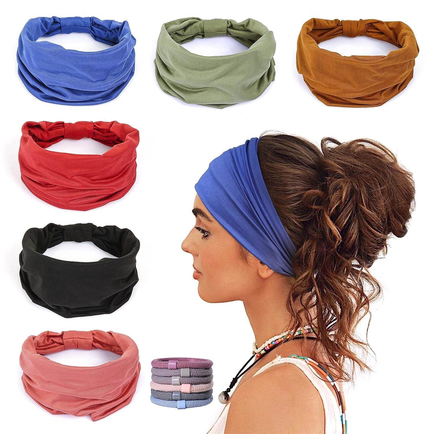 GILI 6 Pack Wide Headbands for Women Non Slip Soft Elastic Hair Bands Yoga Running Sports Workout Gym Head Wraps, Knotted Cotton Cloth African Turbans Bandana (with 6 Pcs Hair Ties) - zenfulharmony.com
