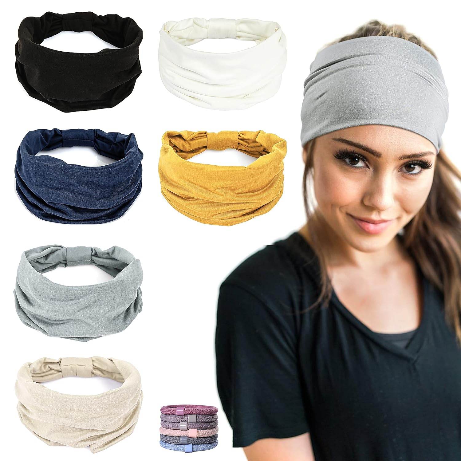 GILI 6 Pack Wide Headbands for Women Non Slip Soft Elastic Hair Bands Yoga Running Sports Workout Gym Head Wraps, Knotted Cotton Cloth African Turbans Bandana (with 6 Pcs Hair Ties) - zenfulharmony.com