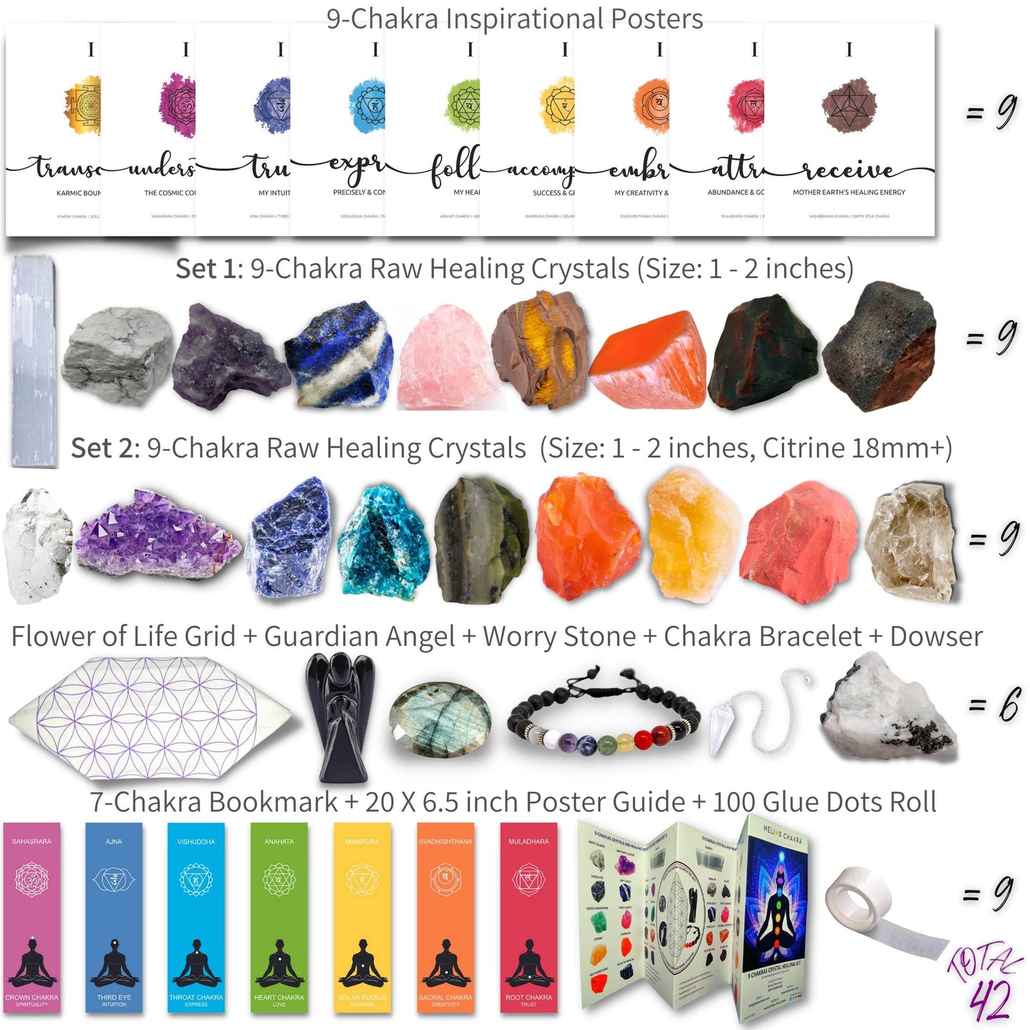 42 PCS Premium Crystals and Healing Stones Set for 9 Chakra: 19 Raw Crystals (Selenite Stick), 1 Angel, 1 Worry Stone, 1 Bracelet, 1 Grid Cloth, 1 Dowser, 9 Poster, 7 Bookmark, 1 Guide, 1 Glue Roll - zenfulharmony.com
