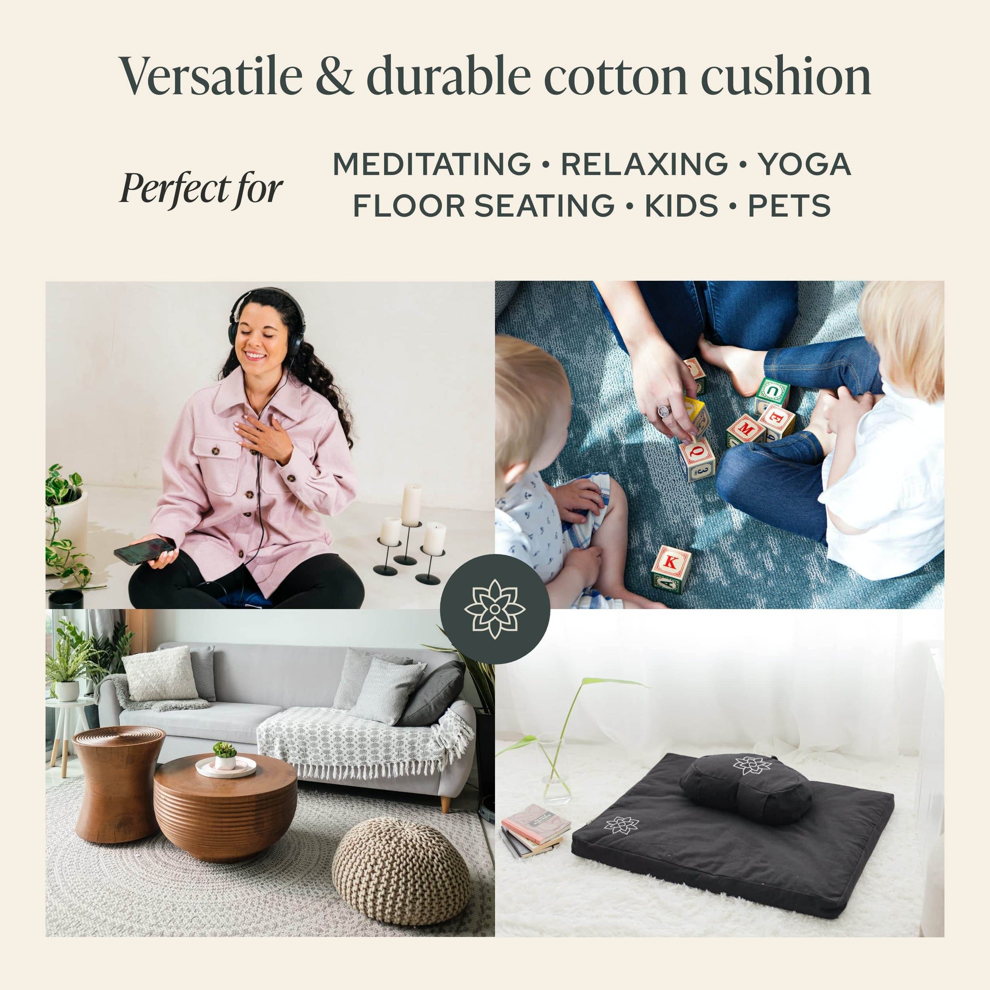 Mindful & Modern Large Meditation Cushion | Zafu Yoga Bolster Meditation Floor Pillow Seat | Buckwheat Hull Filled Crescent Shaped Cushion with Removable Washable Cover + Carry Handle (Minimal Black) - zenfulharmony.com