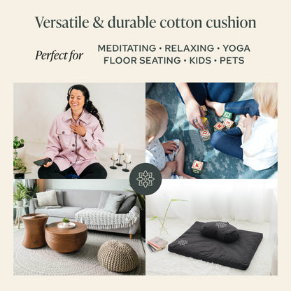 Mindful & Modern Large Meditation Cushion | Zafu Yoga Bolster Meditation Floor Pillow Seat | Buckwheat Hull Filled Crescent Shaped Cushion with Removable Washable Cover + Carry Handle (Minimal Black) - zenfulharmony.com
