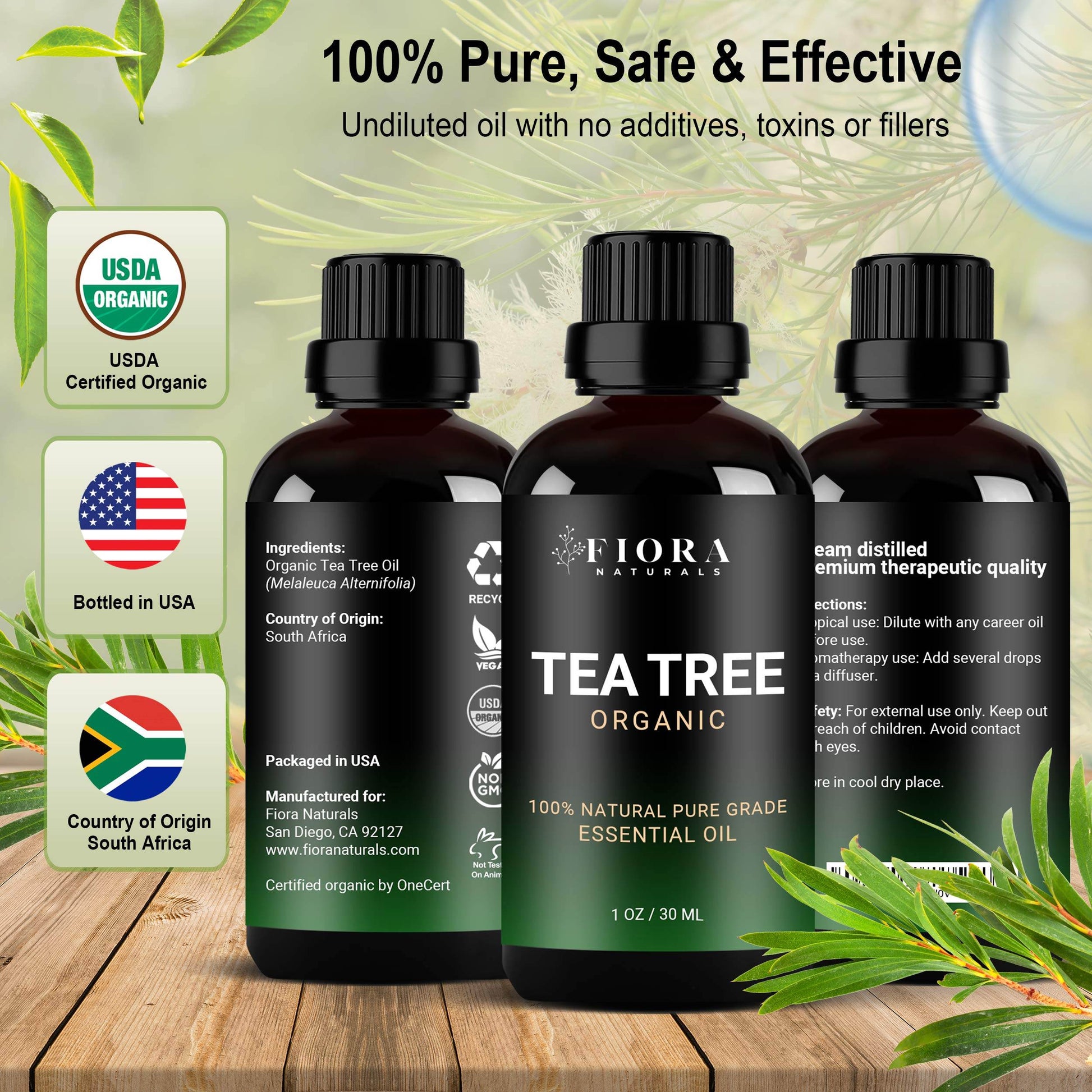 Tea Tree Essential Oil by Fiora Naturals- 100% Pure Organic Oil, for Face, Hair, Skin, Acne, Scalp, Foot and Toenails. Melaleuca Alternifolia, 1 oz /30ml - zenfulharmony.com