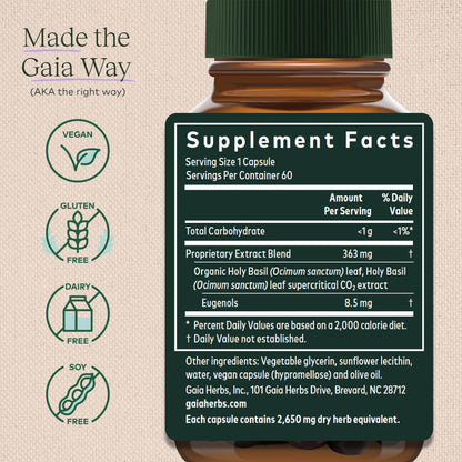 Gaia Herbs Pro Holy Basil Leaf - Stress Support Supplement with Holy Basil - Herbal Supplements to Support a Positive Mindset - 60 Liquid Phyto-Caps - zenfulharmony.com