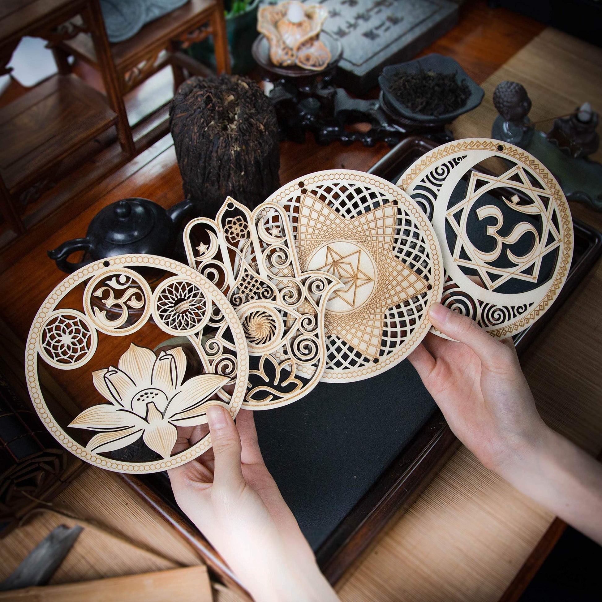 5.31" Sacred Geometry Wall Art 4 PCS Set, (Sacred Lotus, Hamsa Hand, Soul Star, Union Sun Moon) Crystal Grid Meditation Chakra Wooden Wall Art Yoga Decor Spiritual Gifts - zenfulharmony.com
