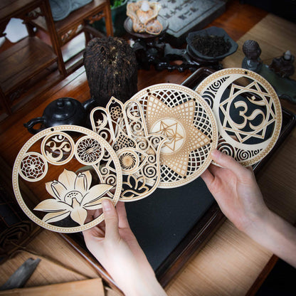 5.31" Sacred Geometry Wall Art 4 PCS Set, (Sacred Lotus, Hamsa Hand, Soul Star, Union Sun Moon) Crystal Grid Meditation Chakra Wooden Wall Art Yoga Decor Spiritual Gifts - zenfulharmony.com