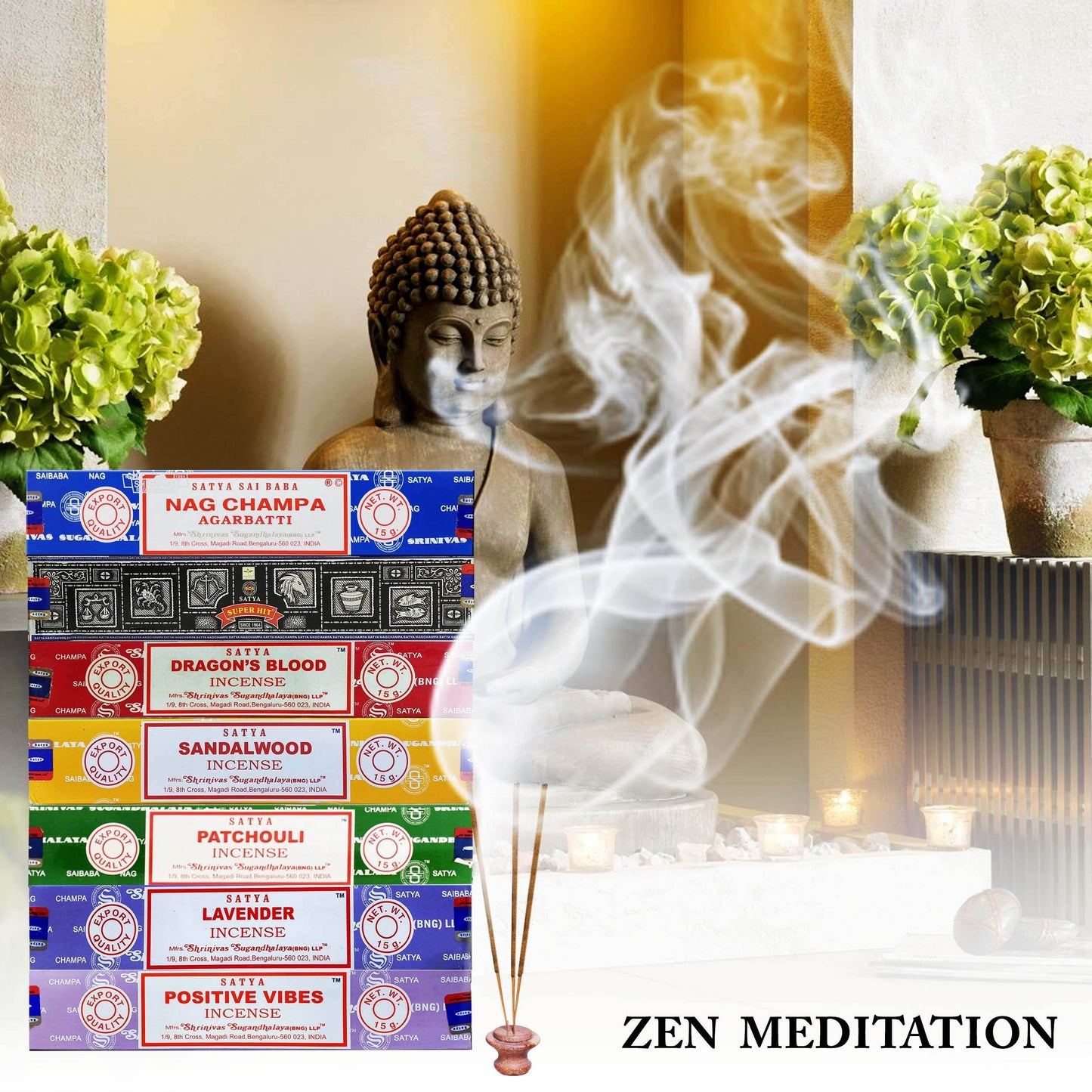Satya Incense Gift Set Nag Champa, Super hit, Dragon's Blood, Sandalwood, Patchouli, Lavender, Positive Vibes, 15 g - zenfulharmony.com